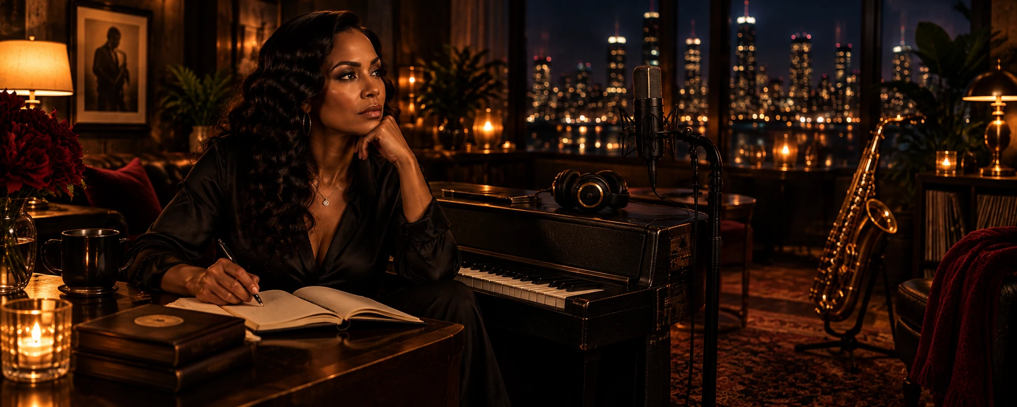 Nina J. Ames in a late-night songwriting and creative workspace