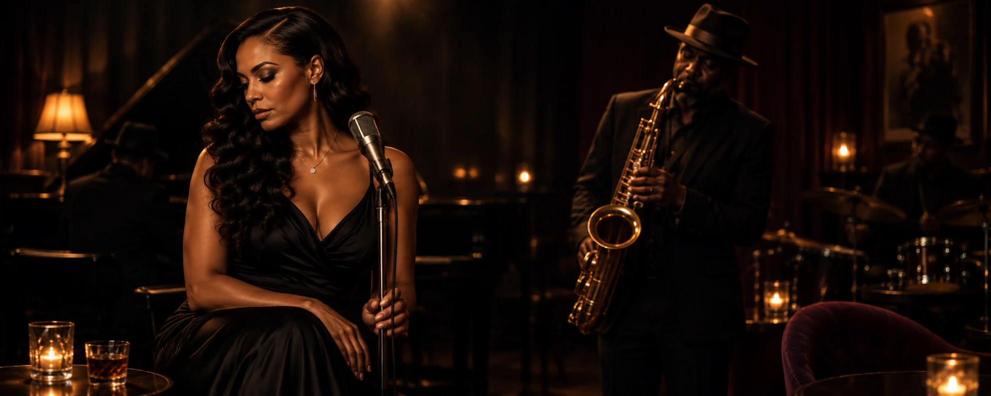 Nina J. Ames with a tenor saxophonist in an intimate jazz-club setting